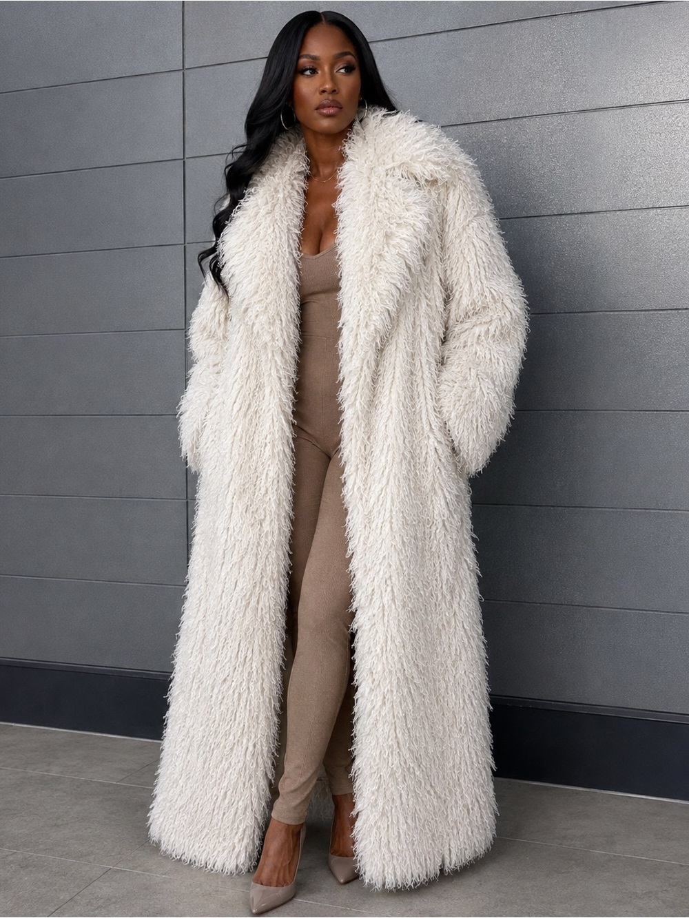 Cream Luxe Shaggy Long Coat